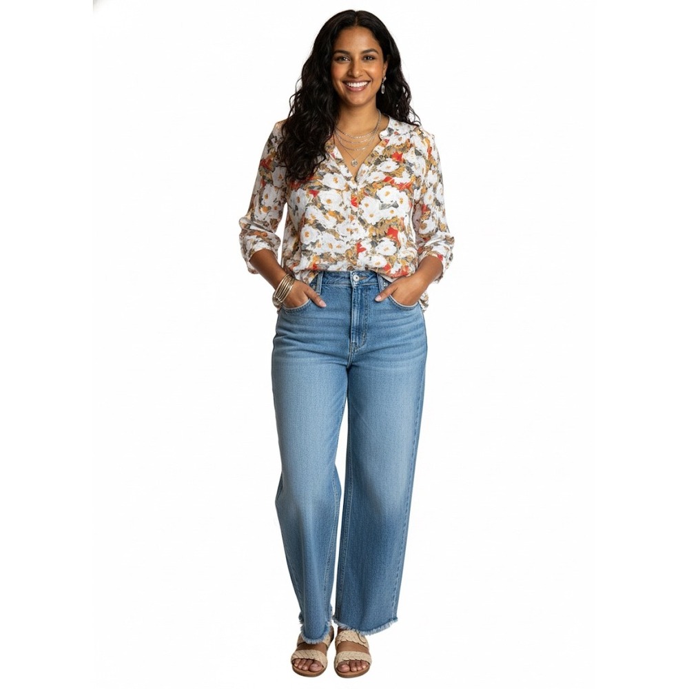 Antilia Femme Floral Sheer Blouse | Size M | 3/4 Sleeve Button Front